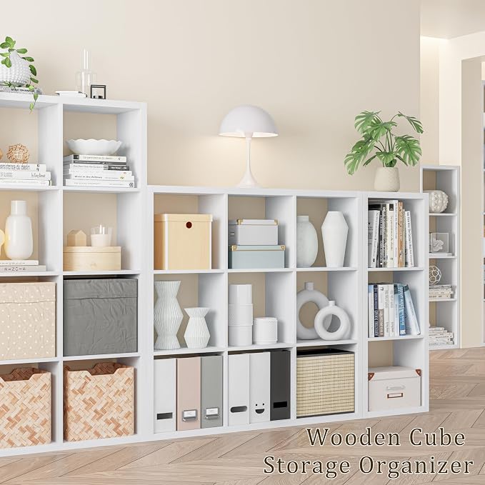 VDNEND Cube Storage Organizer Bookcase, Decorative 11 inch Open Back Cubical Shelf with Thickened Border, Display Bookshelf for Living Room, Home Office, Sturdy Room (White, 9 Cube)