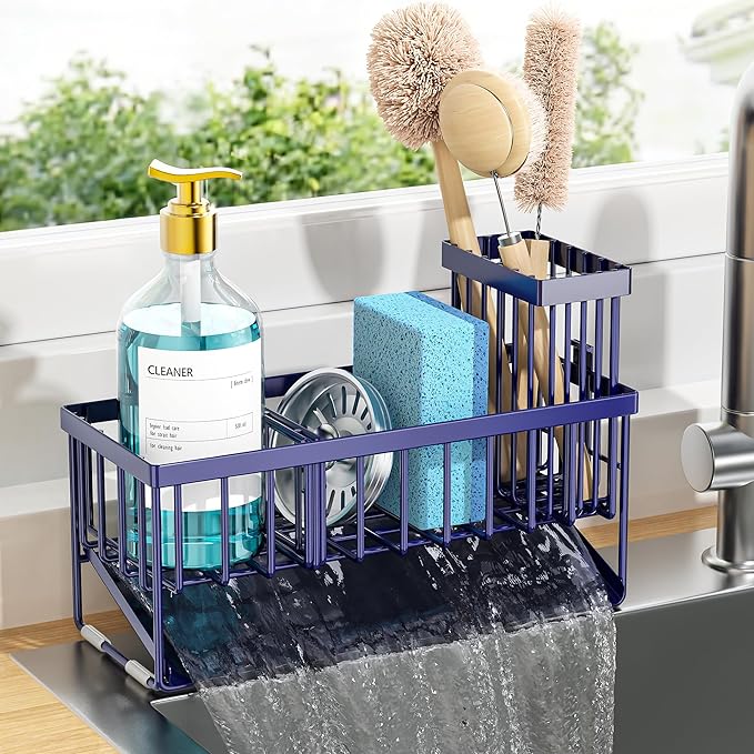Cisily Navy Blue Sink Caddy Organzier with High Brush Holder, Sponge Holder for Sink, 304 Rustproof Stainless, Kitchen Countertop Soap Dispenser Organizer, Gray Blue Kitchen Decor and Accessories