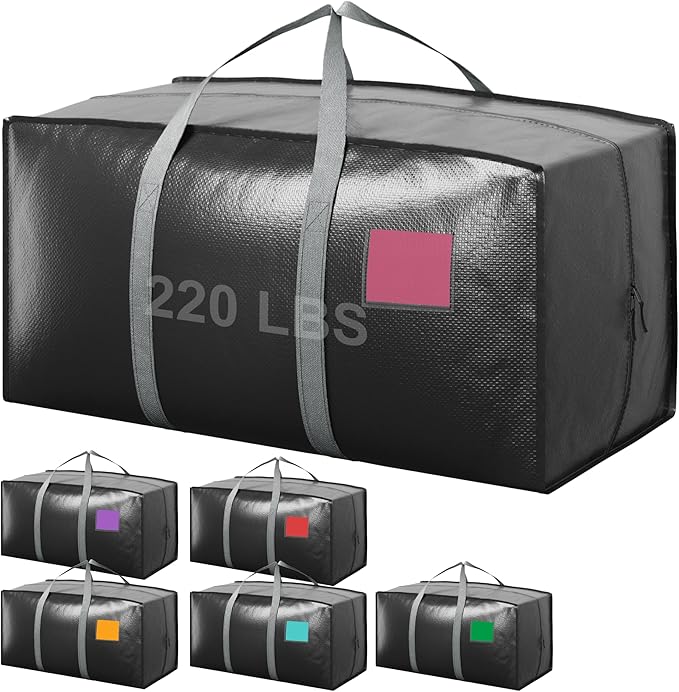 6 Pack Moving Bags with Full-Open Side Zipper, Extra Large 93L Heavy Duty Waterproof Foldable Storage Totes for College Dorm, Moving & Home Organization Gray