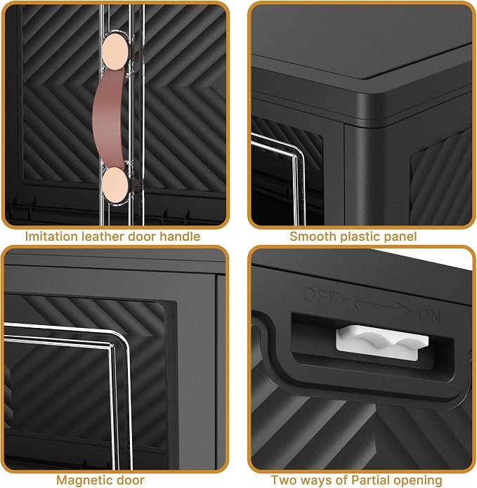Stackable Storage Bins with Lids, 480QT Closet Organizers and Storage Cabinet with Doors & Wheels, Lockable Plastic Foldable Drawers for Bedroom Dorm Office Garage（120QT*4,Black）