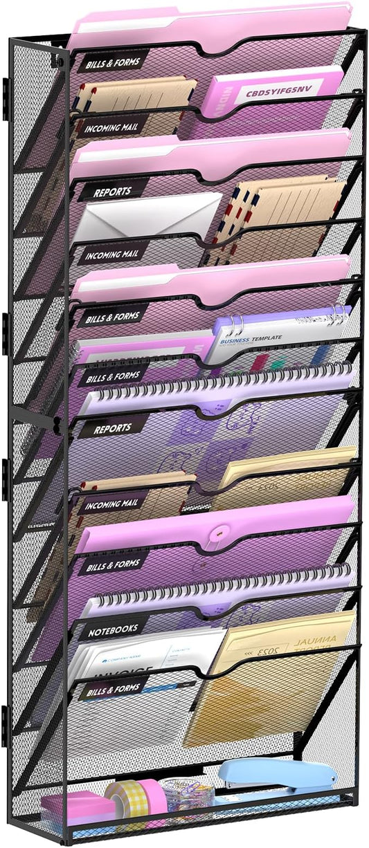 12-Tier Wall File Organizer with Base, Wall Mounted File Holder | Vertical Hanging File Organizer with Open Compartments and Label Holders for Mail, Folders and Paperwork at Home or Work