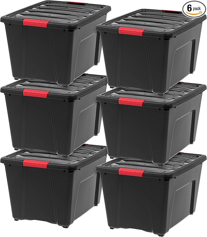 IRIS USA 6-Pack 54 Quart Storage Bins with Lids, Black | Black finish conceals stored items. Perfect for moving, blankets, clothing, and garage storage. Nestable design saves space