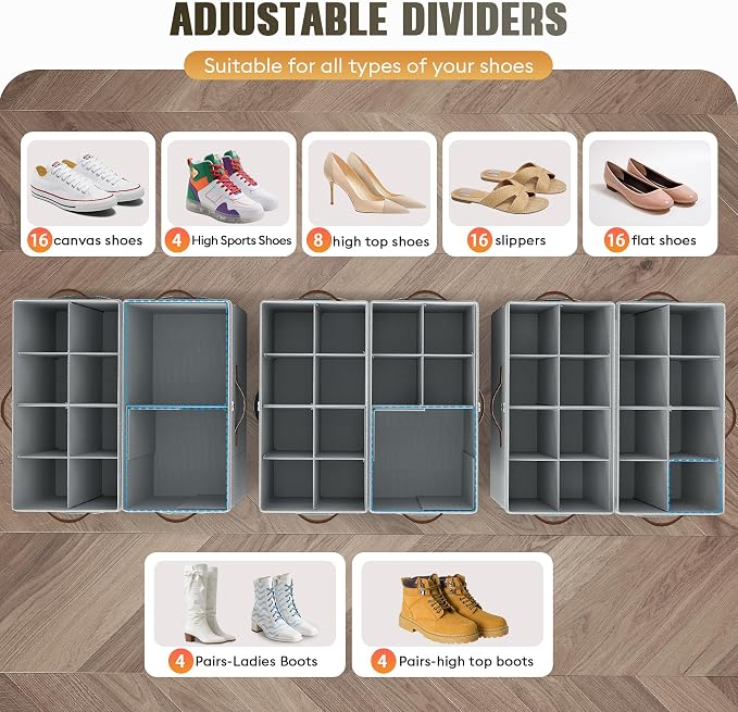 2 Pack Shoe Organizer for Closet, Foldable Shoe Storage with Adjustable | Farbic shoe storage organizer box bin with clear cover, fits up to 16 pairs, shoe storage box for closet, entryway, gray