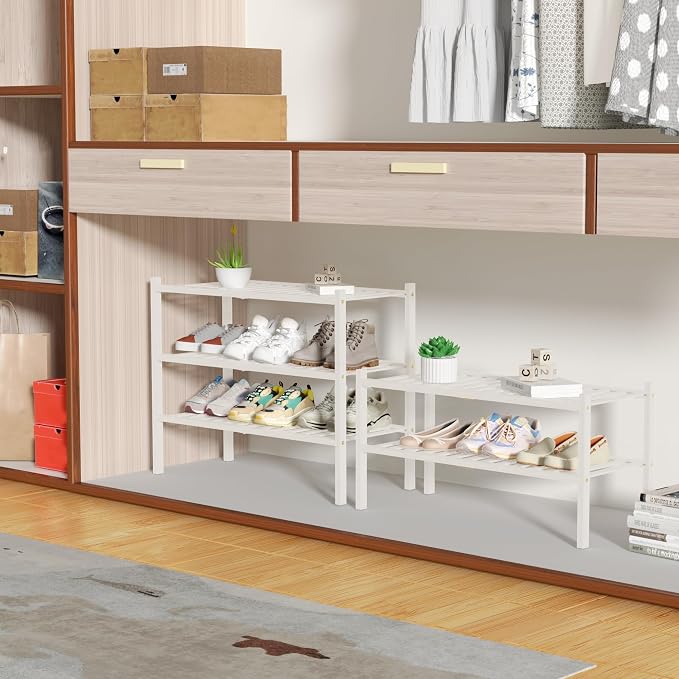 ROMGUAR CRAFT 3 Tier Bamboo Shoe Rack for Closet Free Standing Wood Shoe Shelf Storage Organizer for Entryway Small Space Stackable 27"x11"x20" (White)