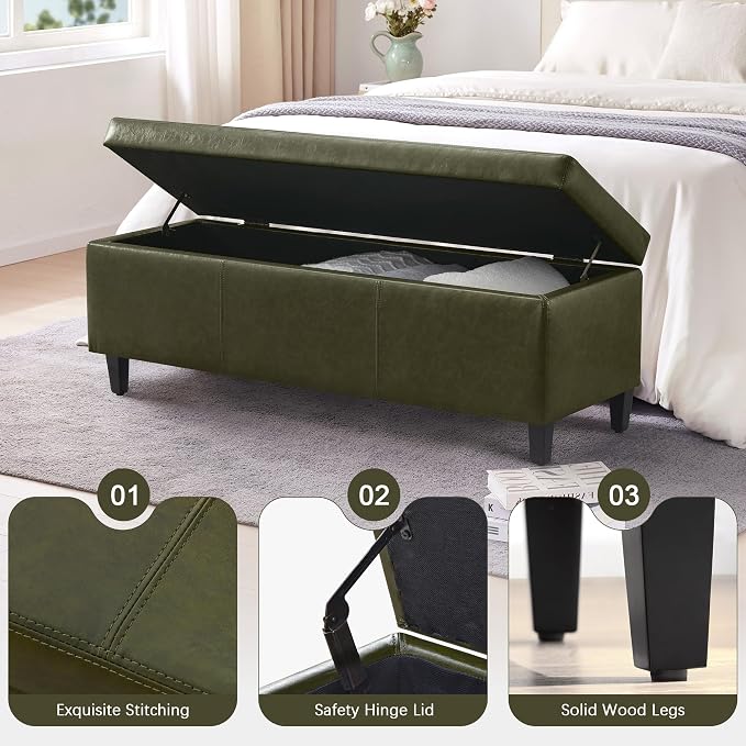 Storage Ottoman Bench 50.3" Faux Leather Upholstered End of Bed Bench,Green | Hidden Storage Accent Ottoman for Living Room, Bedroom, Entryway, Safety Hinges, Load up to 300lb