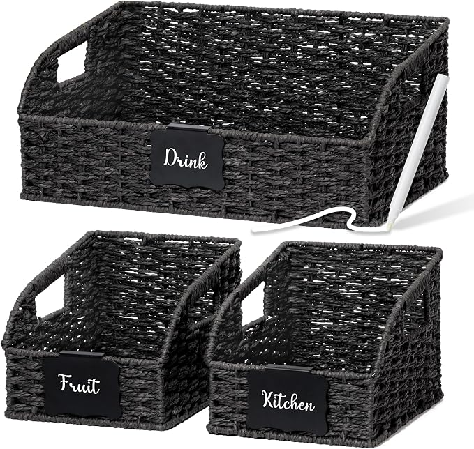 Pantry Organizers, Handwoven Large Wicker Baskets for Shelves, Labeled Storage Baskets for Organizing with Handles - Paper Storage Bins, Boho Decorative, 3 Pack, Black
