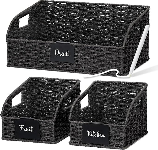 Pantry Organizers, Handwoven Large Wicker Baskets for Shelves, Labeled Storage Baskets for Organizing with Handles - Paper Storage Bins, Boho Decorative, 3 Pack, Black