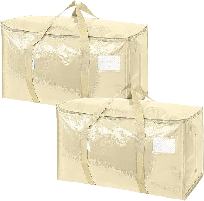 TICONN 2 Pack Extra Large Moving Bags Heavy Duty with Zippers & Carrying Handles, Durable Storage Bags Moving Boxes for Closet Organizers and Storage (2 Pack, Cream)