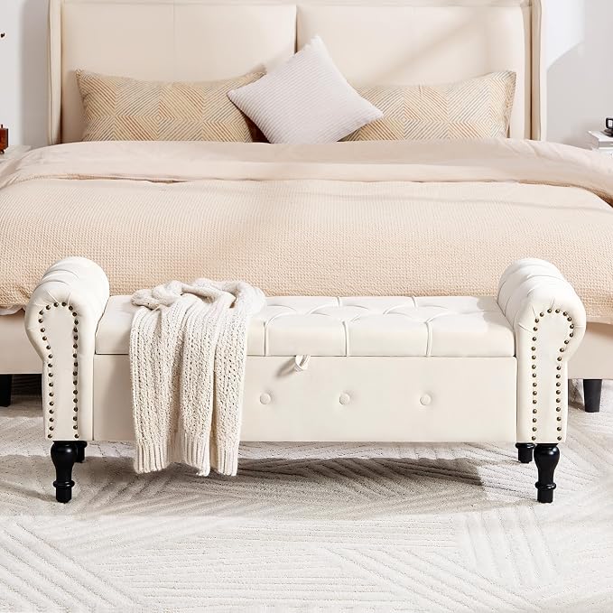 Storage Bench 51" Velvet End of Bed Benches Beige | Queen Size Storage Bench for Bedroom with Rolled Arms Tufted Ottoman Benches Upholstered Bench for Living Room Entryway