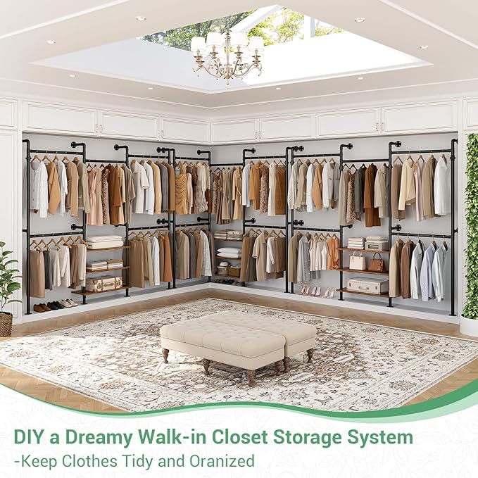Aheaplus Expandable Industrial Pipe Clothing Rack, 7.3-10.9Ft Wall Mounted Closet System, Reversible L Shaped Clothes Rack for Hanging Clothes, Heavy Duty Walk-in Corner Wardrobe Closet, Rustic Brown