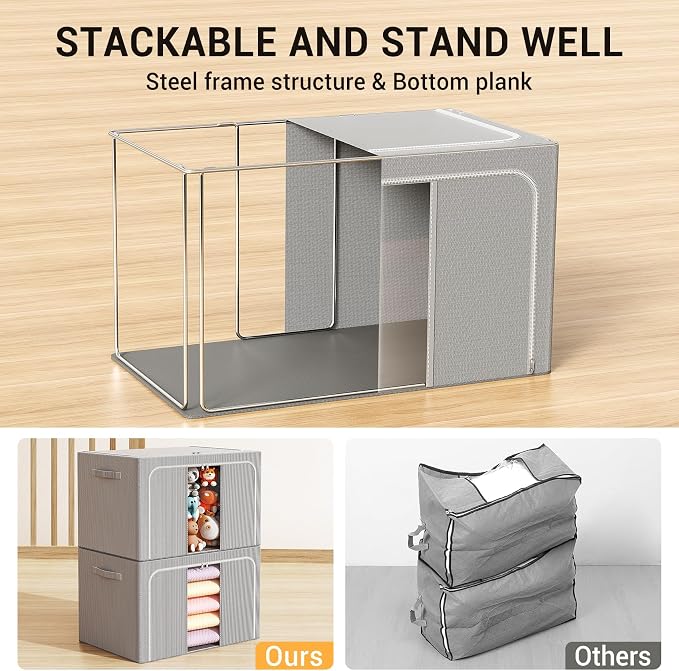 Clothes Storage Bins with Metal Frame Foldable Storage Box Clothes Organizers Storage Containers for Clothes Sheets Blankets Books Toys Gifts and Holiday Decorations (100Lx3 Pack)