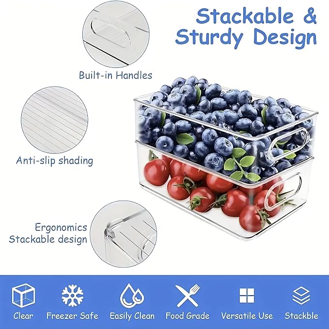 6 Pack Refrigerator Organizer Bins | 3 Sizes Stackable Clear Pantry Storage with Handles for Fridge, Freezer, Shelves, Drawer, Snack Organizer for Home & Kitchen