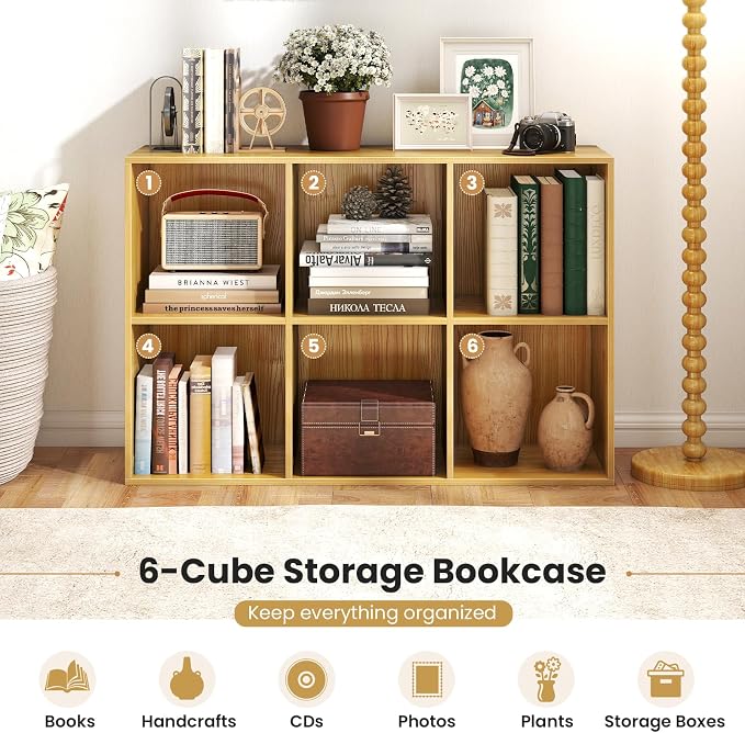 Giantex 6-Cube Bookcase, 3-Tier Cubby Bookshelf, Burlywood | Horizontal Vertical Display Rack with Anti-Tipping Kits, Modern Storage Organizer Shelf Unit for Living Room, Home Office