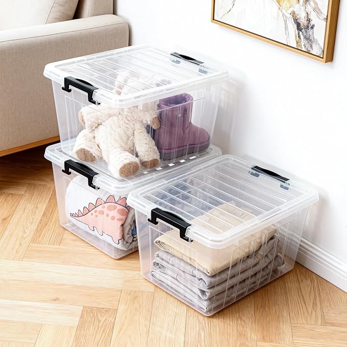 Citylife 22 Qt Plastic Storage Bins with Latching Lids 4 Packs | Stackable See-Through Craft Storage Box Latches Durable Containers Secure Pull Handle Organizing for Home Kitchen Pantry