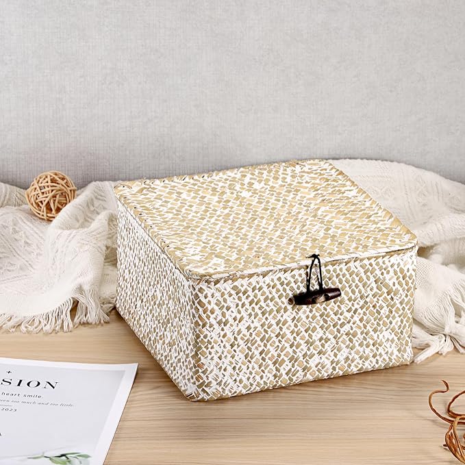 Hipiwe Handwoven Seagrass Basket with Lid Square Wicker Basket Storage Bin | Multipurpose Baskets Organizer Closet Storage Baskets Box Household Container for Home Decor, Small Whitewash