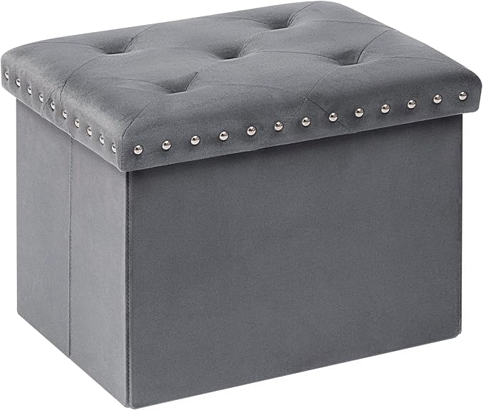 B FSOBEIIALEO Storage Ottoman Cube Folding Tufted Ottomans, Storage Boxes Footrest for Bedroom, Luxury Velvet Fabric 16.5 * 12.6 * 12.6 Inches Grey