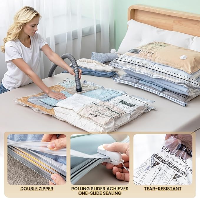 TAILI 6 Pack Vacuum Storage Bags, 2 Size Combo(3 Large+3 Jumbo), Clear | LONG SIDE ZIP Vacuum Seal Bags for Clothing, Space Saver for Beddings, Comforters, Blankets, Pillows