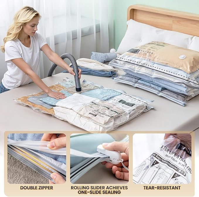 TAILI 4 Pack Vacuum Storage Bags, 2 Size Combo(2 Large+2 Jumbo), Clear | LONG SIDE ZIP Vacuum Seal Bags for Clothing, Space Saver for Beddings, Comforters, Blankets, Pillows
