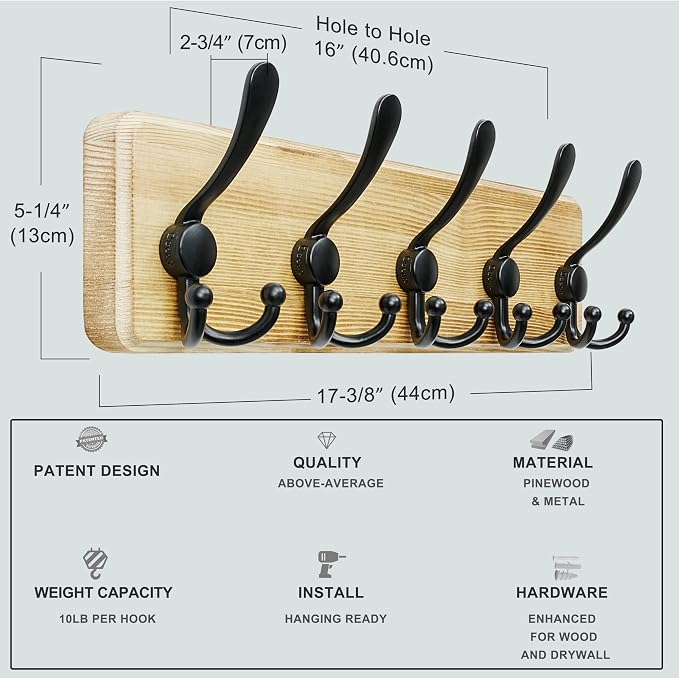 Coat Rack Wall Mounted - 5 Tri Hooks, Heavy Duty, Wooden Wall Coat Hanger Coat Hook for Clothes Hat Jacket Clothing, Natural & Black