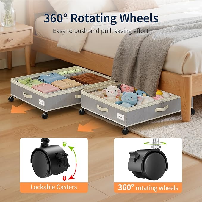 Yecaye 80L Large Under Bed Storage Containers with Wheels, 2 Pack, Grey | 80L Capacity, Space-saving, 360° Rolling Wheels, Clear Window & Label, Sturdy Fabric, For Clothes, Shoes, Blankets