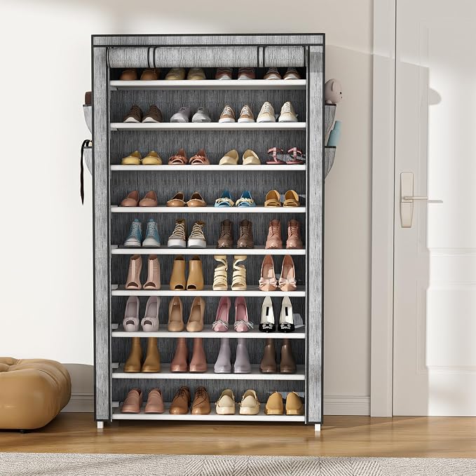VILICK Shoe Rack with Cover Narrow Shoe Organizer with Pockets 10 Tier Tall Shoe Storage Holds 36-41 Pairs Shoes and Boots Shoe Rack for Closet Entryway Garage, Printing