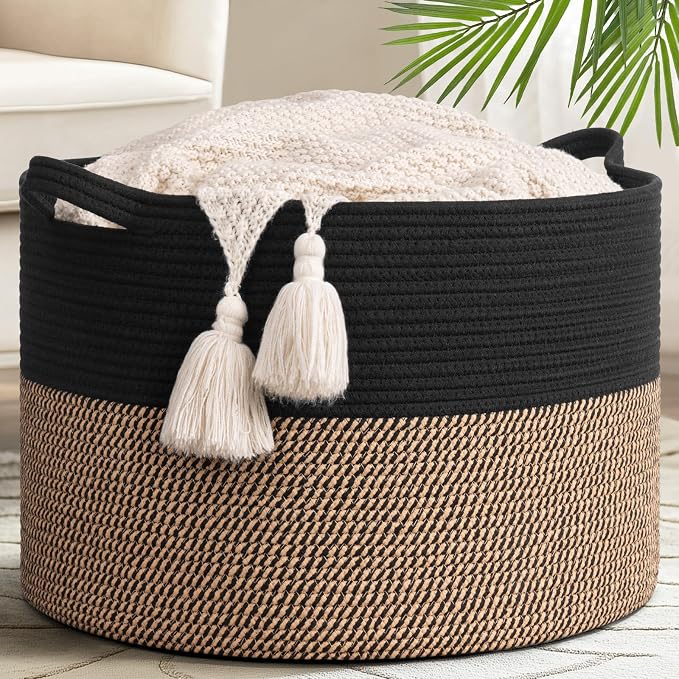 Goodpick 65L Large Storage Basket, Cotton Rope Toy Storage for Kids 65L | 19.7 x 19.7 x 12.6 In Woven Basket for Storage, Kids Toy Storage for Playroom, Laundry Basket for Towels, Black & Mix Jute