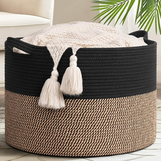 Goodpick 65L Large Storage Basket, Cotton Rope Toy Storage for Kids 65L | 19.7 x 19.7 x 12.6 In Woven Basket for Storage, Kids Toy Storage for Playroom, Laundry Basket for Towels, Black & Mix Jute