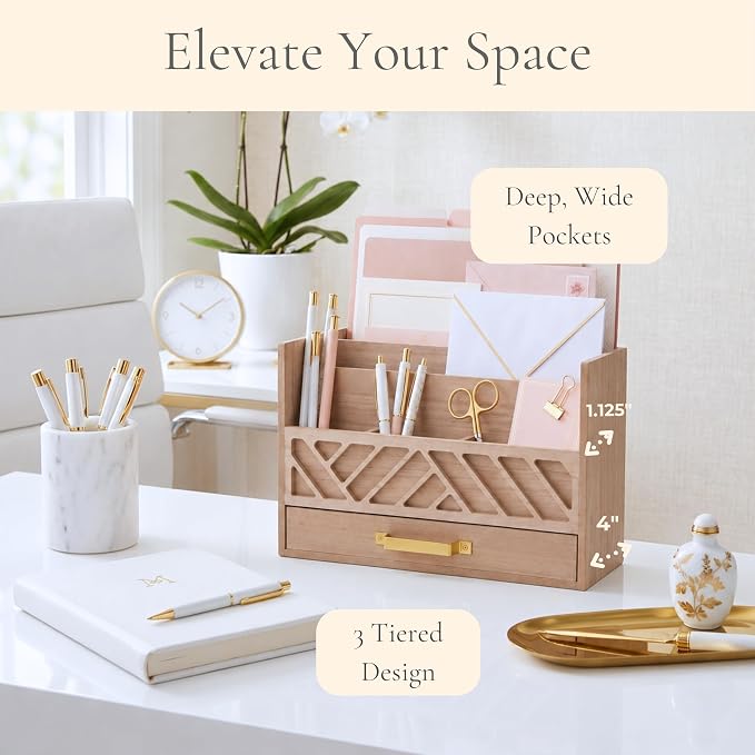 BLU MONACO | Wooden Mail Organizer with Drawer and Gold Handle | Outgoing Mail Holder and Letter Sorter for Desk | Natural Wood Desktop Paper Organizer