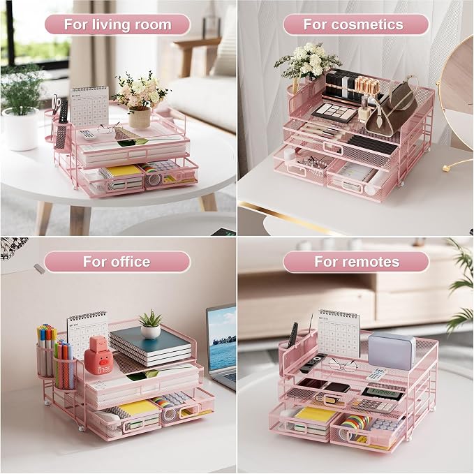 Marbrasse 3 Tier Mesh Desk Organizer with Drawer, Multi-Functional Desk Organizers and Accessories, Paper Letter Organizer with 2 Pen Holder for Home Office Supplies (Pink) | Paper Tray Organizer, File Holder for Desk, Metal Mesh Office Organization fo...