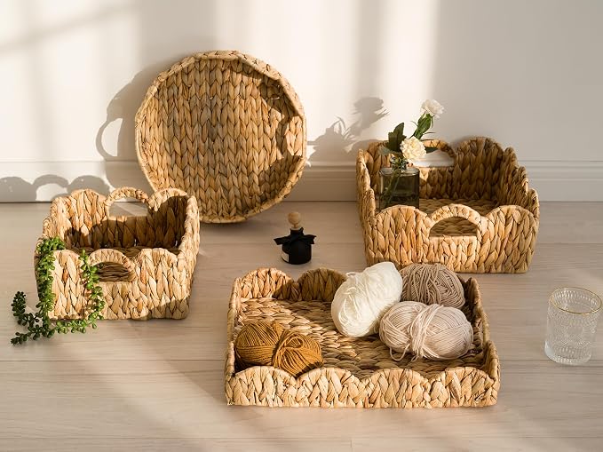 StorageWorks Scalloped Wicker Basket, Woven Baskets for Storage, Rattan Baskets with Handles, Water Hyacinth Basket for Organizing and Decor, 2 Pack
