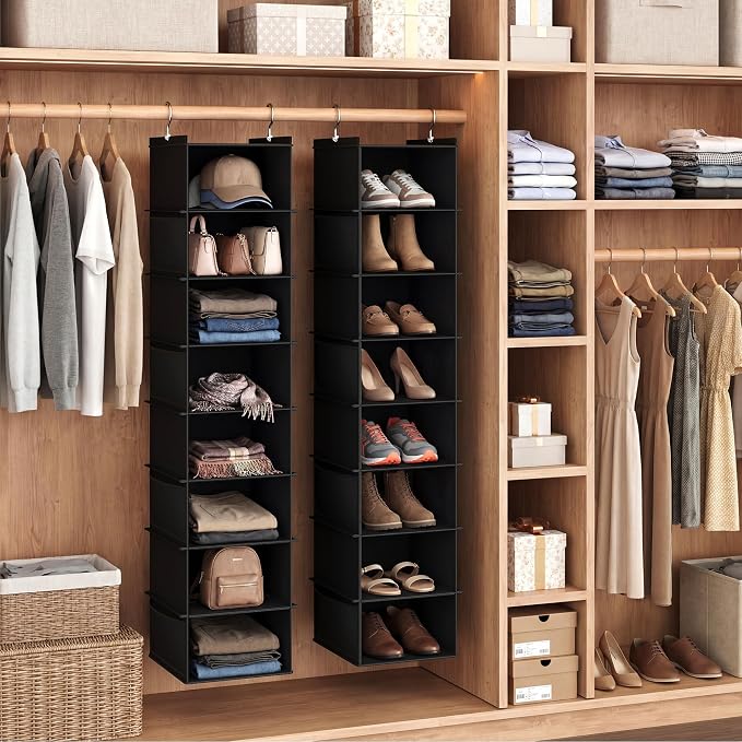 YOUDENOVA Upgraded Hanging Shoe Organizer for Closet, 8-Shelf, Black | Extra Wide Design, 8 Side Pockets, Hanging Shoe Rack Hanger, Dorm Storage, Perfect for Storing Shoes, Hats, Clothes, Jeans