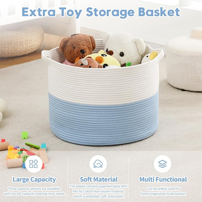 Foldable Laundry Hamper Basket with Collapsible Handle Cotton Rope Soft Woven Fabric Storage Organizer Clothes Toys Nursery Bedroom Dorm Space Saving Bin (White & Blue, 80L(21.7"D x 13.8"H))