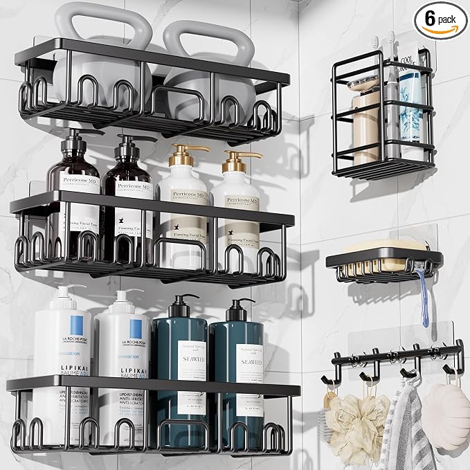 Veken Shower Caddy 6-Pack, Advanced Rustproof Design, No Drilling Adhesive Shelves, Rack with Soap Holder, Large Capacity Bathroom Organizers and Storage, Wall-Mounted Kitchen & Home Decor, Black