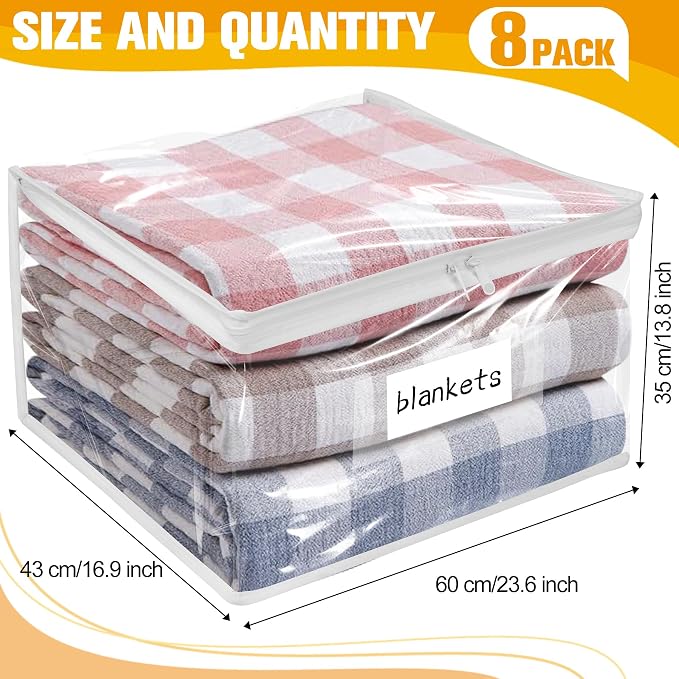 Kikerike Plastic Storage Bags with Easy-Glide Zipper, Pack of 8, Durable Clear Vinyl Zippered Storage Bags for Clothes Sweaters Comforters Blankets Sheets Bedding (23.6 x 16.9 x 13.8 Inch, White)
