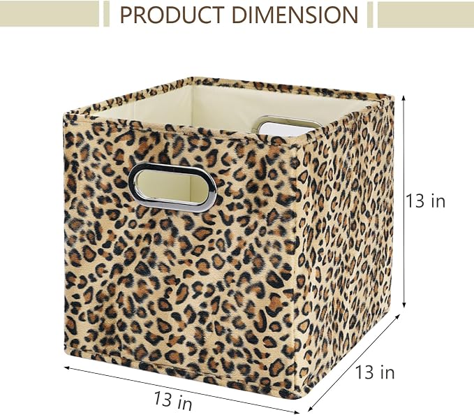 ANMINY Leopard Cheetah Print Storage Cubes Bins, Velvet, Brown, 13Inch 2PCS | Collapsible & Washable, PP Board Frame, Built-in Metal Handles, Animal Themed Fabric Cubes Baskets for Closet Shelves Decor
