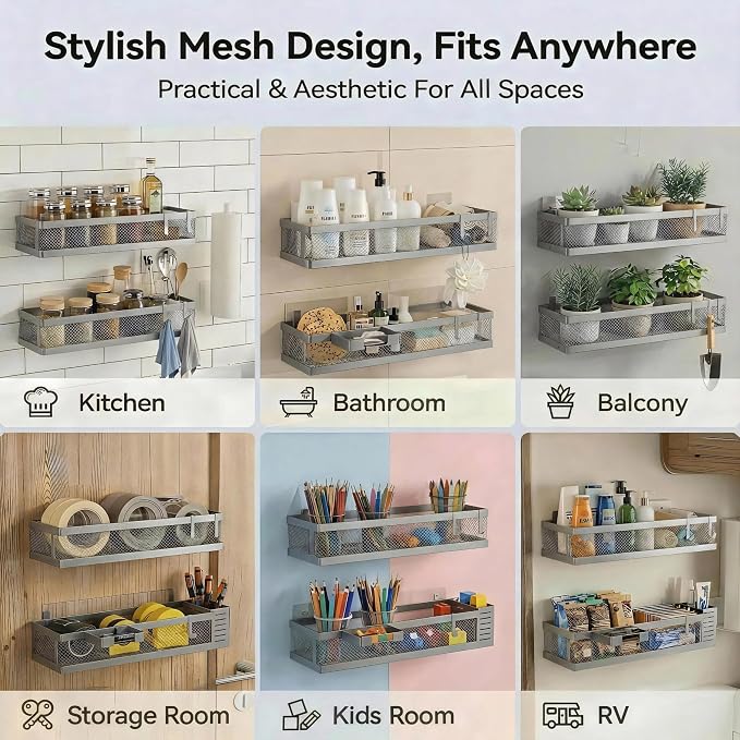 PUSDON 5-in-1 16.5" Extra Long Slim Wall Mount Wrapped Mesh Kitchen Organizer & Shower Caddy Kit, with Paper Towel Holder, Utensil Holder, Soap Dish, Holds 50LBS - Silver Gray, Netting