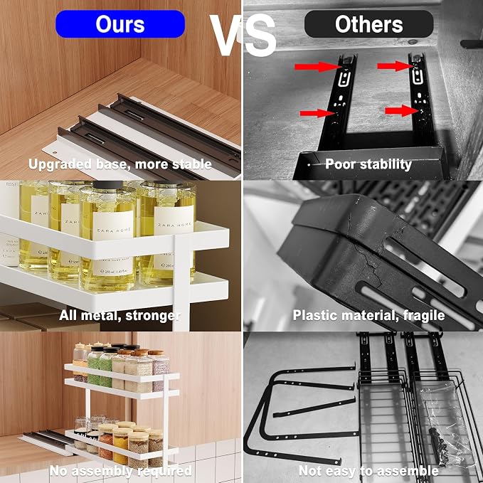 Mustorn 2 Pack Pull Out Spice Rack Organizer for Cabinet, 2 Tier Metal Slide Out Seasoning Organizer and Storage Heavy Duty Vertical Spice Rack Shelf Pullout for Kitchen Cabinets No Drilling (White)