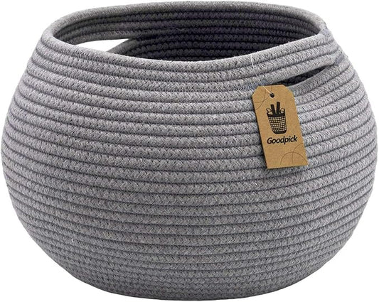 Goodpick Round Woven Storage Basket for Shelves, 12.5" x 8.3", Grey | Decotative Small Basket for Organizing Dog Cat Toys, Gift Basket Empty for Baby Shower, Plant Baskets, Living Room & Nursery