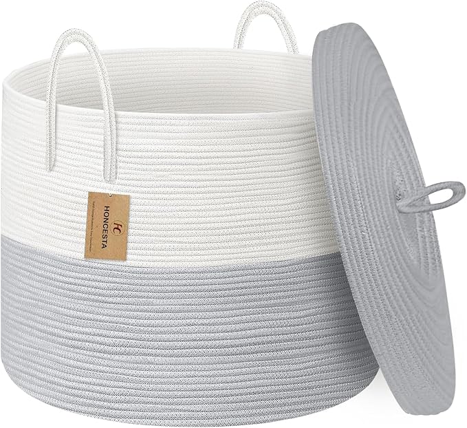 18" X 14" Large Wicker Basket with Lid, Blanket Basket Living Room, Woven Cotton Rope Storage Bin, Kids Dog Toy Storage Bin Box, Tall Laundry Hamper, Blankets Pillows Organizer Holder