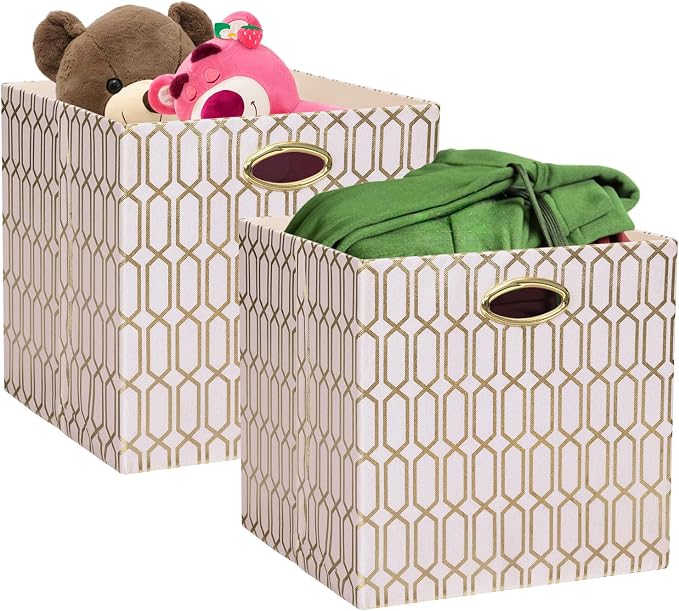 Posprica Storage Bins, Storage Cubes,13×13 Fabric Drawers Organizer Basket Boxes Containers (13×13×13/2pcs, Cream/gold geometry Pattern)