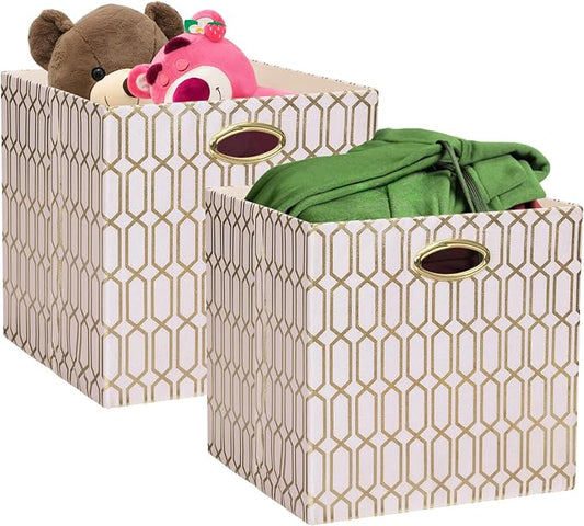 Posprica Storage Bins, Storage Cubes,13×13 Fabric Drawers Organizer Basket Boxes Containers (13×13×13/2pcs, Cream/gold geometry Pattern)