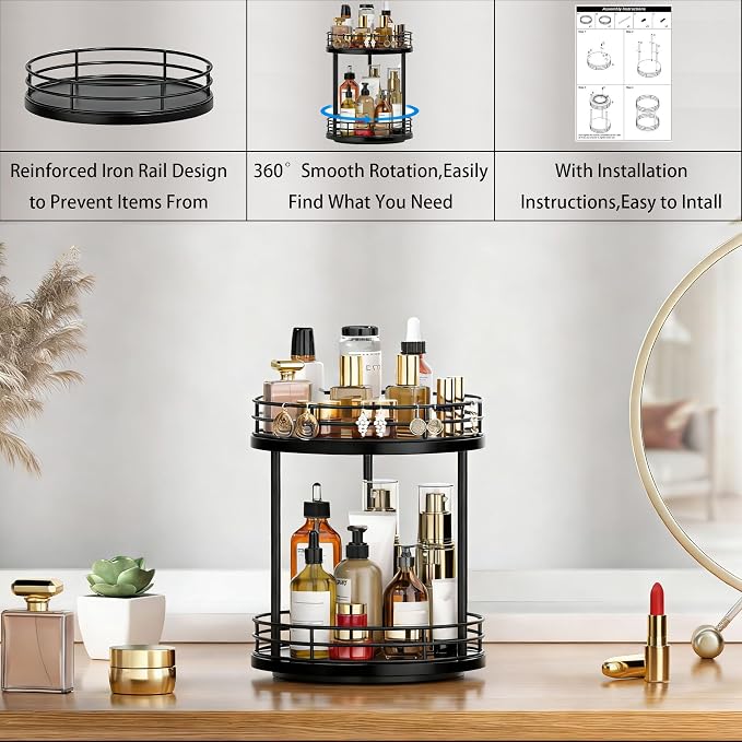 2-Tier Rotating Bathroom Countertop Organizer, Wooden Makeup Vanity Storage, Multifunctional Lazy Susan Turntable for Skincare, Perfume and Cosmetics (Black)
