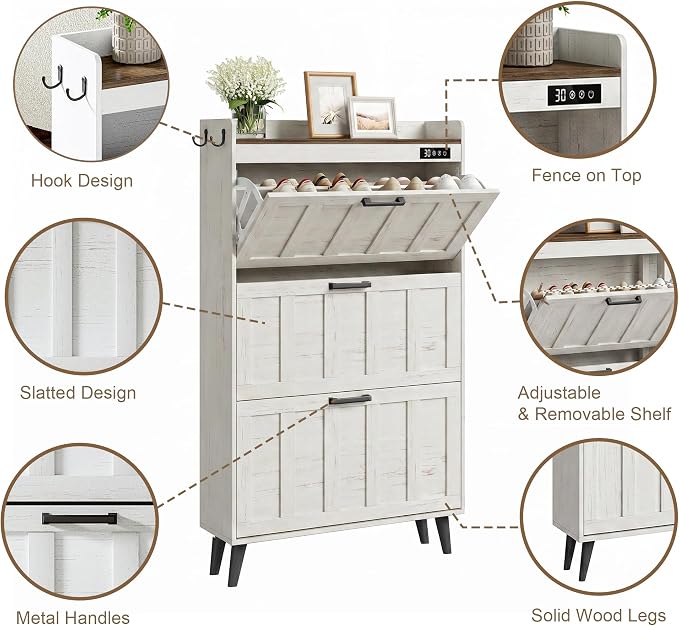 ChooChoo Shoe Storage Cabinet with 3 Flip Drawers and Deodorizer | Shoe Organizer Storage for Entryway, Freestanding Hidden Slim Narrow Shoe Rack Cabinet, Antique White & Brown