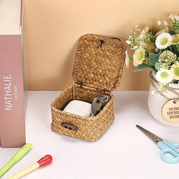 Hipiwe Handwoven Wicker Basket Box with Lid Small Seagrass Desk Organizer | Multipurpose Baskets Organizer for Remote Control Key, Rectangular Basket Box for Home Decor, Caramel 3.5" x 3.5" x 2"