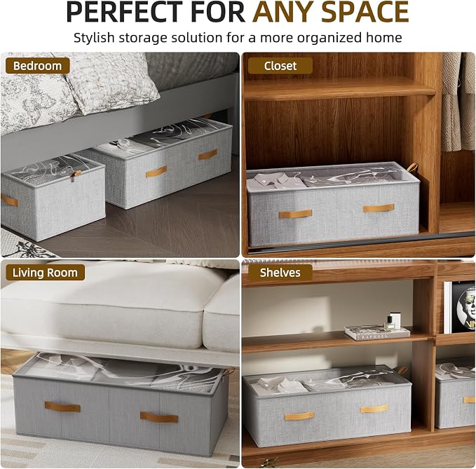 10inch 3 Pack Under Bed Storage Containers, 10 Inch Tall Underbed Clothes Storage Organizer Bin with Clear Window，Foldable Box Basket for Clothes, Closet, Bed Sheets and Blankets Light gray