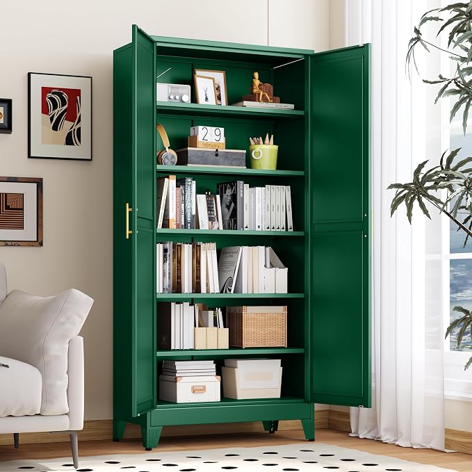 PAOFIN Kitchen Pantry Storage Cabinet with Doors and Adjustable Shelves, Metal ClosetMaid Food Pantry Cabinets, 75" Tall Freestanding Cupboard for Kitchen, Laundry or Utility Room, Green