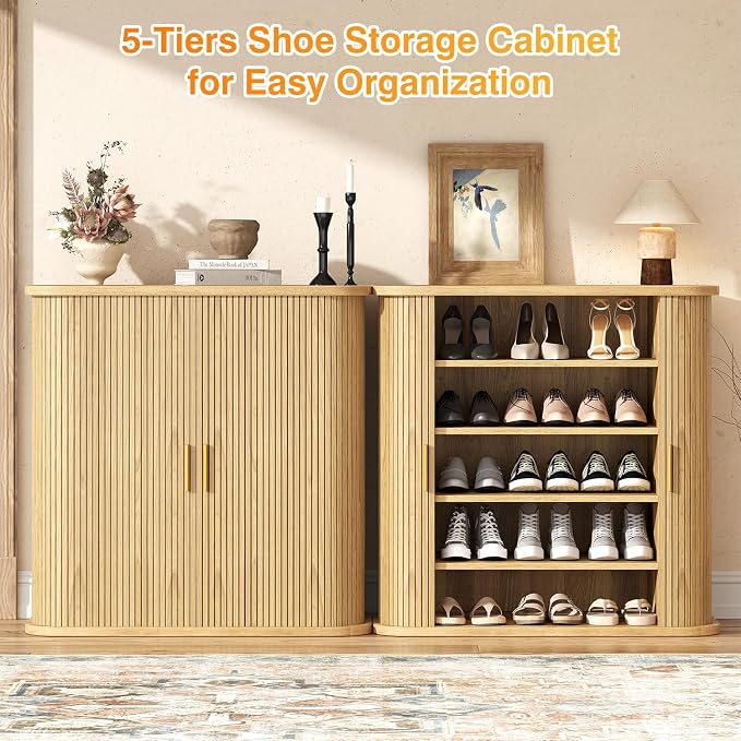 UNIQUITE Shoe Storage Cabinet with Sliding Doors, 5-Tier Wood Shoe Cabinet for Entryway, Adjustable Shelves Freestanding Shoe Organizer with Gold Handle for Hallway, Living Room, Natural