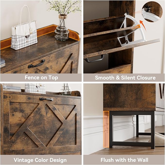 Nicetree Shoe Storage Cabinet with 2 Flip Drawers, Freestanding Wood Shoe Organizer with Metal Legs, Farmhouse Slim Shoe Rack for Entryway, Foyer, Hallway, Rustic Brown