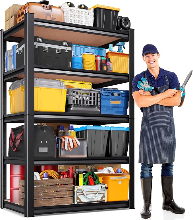 71"H x 32"W x 14"D Garage Shelving Unit, 5-Tier Heavy Duty Metal Storage Shelves 2050 LBS Capacity, Adjustable Utility Steel Racks and Shelving for Garage, Pantry, Basement, Warehouse, Black
