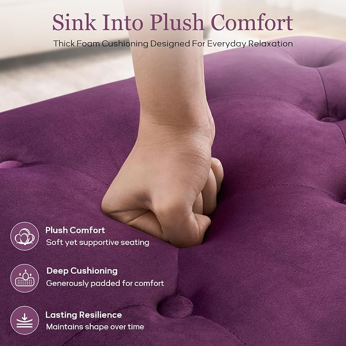 Zihanhome Velvet Storage Ottoman Bench, Button Tufted Ottoman with Hidden Storage, Upholstered Foot Rest Stool with Solid Wood Legs for Living Room, Bedroom, Entryway & Small Spaces (Purple)